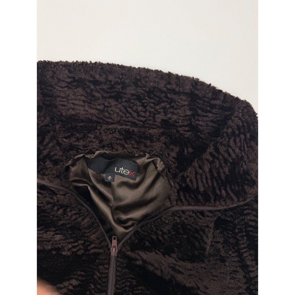 Utex Vintage Brown Faux Fur Zip Up Jacket Rippled Texture High Neck Coat Large - Picture 4 of 10